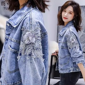더클라워 인기신상 여성 봄가을 입체꽃레이스장식 숏 데님재킷 청자켓