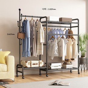 NEANK 150cm 철제 2단 스탠드행거 튼튼한 선반형 이동식행거 대용량 하단 수납공간 업그레이드 드레스룸 시스템 옷걸이행거 더블 철제행거, 블랙