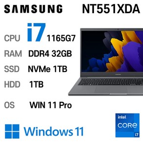 삼성전자 중고노트북 최신 사양 인텔11세대 coe-i7 NT551XDA, WIN11 Po, 32GB, 1TB, 미스틱 그레이 + HDD 1TB