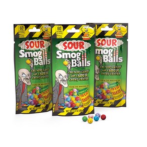 TOXIC WASTE  3-Pack Bags of Sou Smog Balls  Del 유독성 폐기물  사워 스모그 볼 3팩 가방  쫄깃한 사워 센터가 있는 맛있는 하드 캔, 85g, 3개