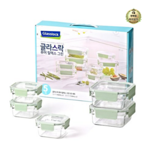 글라스락 퓨어 릴렉스 그린 정사각 밀폐용기 세트, 1세트, 밀폐용기 440ml x 3p + 1130ml x 2p