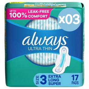 Always 올웨이즈 울트라 신 데이타임 패드 윙 포함 엑스트라 롱 슈퍼 언센티드 17개입 3팩 Ulta Thin Daytime Pads with Wings Size 3, 3개