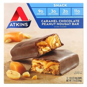 Atkins 앳킨스 스낵 바 초콜릿 카라멜 너트 헬스 에너지 보충제 단백질 식단 5개 세트, 220g