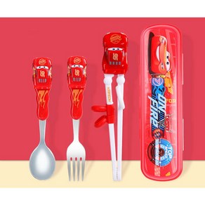 [당일발송] 디즈니 수저세트 정품인증 맥퀸카 디즈니카 교정용 젓가락 스푼 포크 케이스, 수저젓가락포크 3종, 1세트, 레드