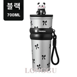 LONGGU 텀블러 대용량 700mL 보냉 스텐 내병 텀블러 PANDA 팬더가 있는 텀블러, 블랙, 1개