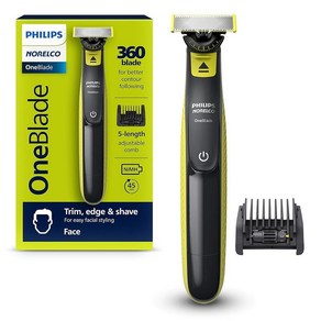 Philips Noelco OneBlade 360 페이스 하이브리드 전기 수염 트리머 및 면도기 5-in-1 페이스 스터블 빗 불만제로 포장 QP2724/90, OneBlade 360 Face, 1) 블랙  라임 그린 - OneBlade 360 Fa