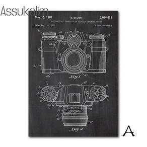 카메라 내부 구조 벽 앤티크 포스터 부품 캔버스 페인팅 초크 드로잉 아트 프린트 스튜디오 장식