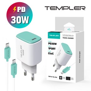 TEMPLER PPS PD 초고속 30W 1포트 C타입 고속 충전기, 1개, 민트 C타입 케이블 포함