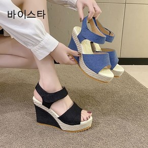 바이스타 여성 여름 패션 데님 캐주얼 샌들 통굽 웨지힐 샌들 10cm 220-255