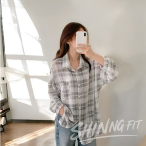 샤이닝핏 여성용 빅사이즈 포켓 체크 남방 오버핏 셔츠