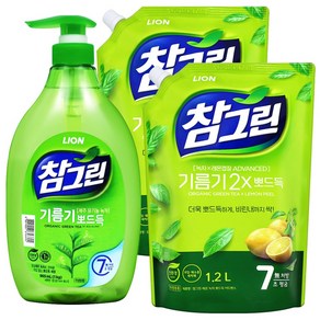 참그린 녹차 기름기 뽀드득 주방세제 용기 1kg 1개+리필 1.2L 2개