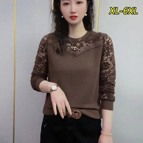 봄가을 여성 우아한 레이스 패치 긴팔 티셔츠 데일리룩 시스루 꽃자수 블라우스 긴팔티 XL-6XL