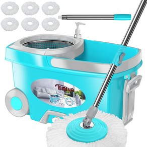 RinseWise FunClean 회전 청소기와 물통 물기를 짜는 기능이 있는 대걸레와 물통 가정용 360도 회전 청소 도구 6개의 초극세사 교체 헤드 포함 61인치 연장, 1개