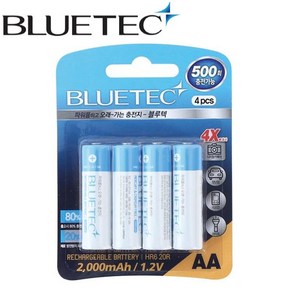 [4개입] [블루텍] 충전 건전지 AA (HR6 20R) 2000mAh/충전지, 1개