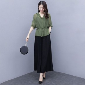 JIEVE 여성용 시스루 허리 조임 봄 여름 가을 반팔 긴바지 슬림핏 세트 투피스 ZL041749