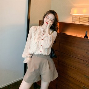 besteffie 여성 봄 가을 쉬폰 블라우스 도트 패턴 디자인 프릴 버튼업 긴팔 셔츠 오피스룩 레귤러핏 K19