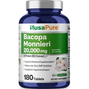 NusaPue 바코파 잎 모니에리 추출물 20000mg 180정추출물 20:1 비GMO 글루텐 프리, 1개, 180정