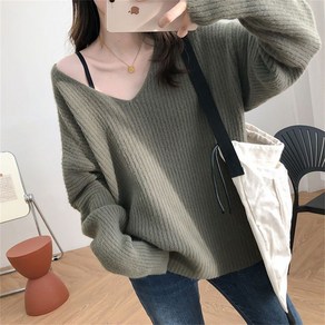 besteffie 여성용 브이넥 니트티 겨울 가을 캐주얼 루즈핏 긴소매 따뜻한 부드러운 착화감 여자 코디 스웨터 Q58