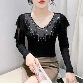 댄스복상의 여성용 브이넥 핫피스 긴팔 프릴 망사 스판티셔츠 Women's T-shit 뉴타임즈 U058A496