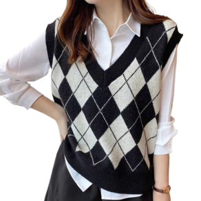 여성 트랜드 봄 가을 브이넥 격자 니트조끼 Women's knit vest