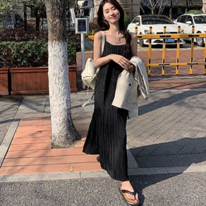 핏몬 여성 여름 구김없는 플리츠 끈 나시 롱 원피스
