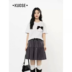 KUOSE 쿠오세티셔츠 화이트 귀여운 리본 진주 루즈핏 탑