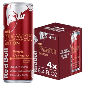 Red Bull 레드불 피치 에디션 에너지 드링크 복숭아 넥타린 카페인 80mg 타우린 및 비타민 B 함유 250 ml 4캔 팩, 250ml