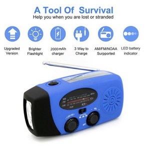 5000mAh 다기능 라디오 손 크랭크 태양 USB 충전 FM AM WB NOAA 날씨 비상 LED 손전등 보조배터리, 08 2000mAh Blue