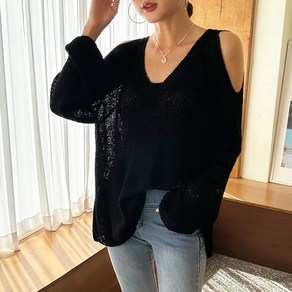 마이쏭 여성 빅사이즈 루즈핏 여름니트 여리여리 이자벨어깨트임브이넥니트