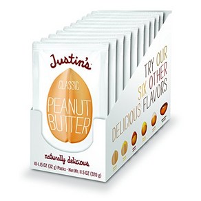 Justin's Classic Peanut Butte Squeeze Packs Only 저스틴 클래식 땅콩 버터 스퀴즈 팩 단 2가지 성분 글루튼 프리 비 GMO 책임, 10개, 32g