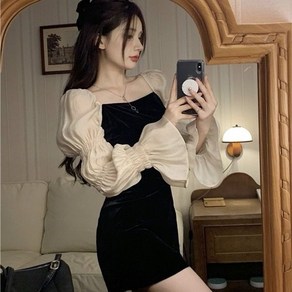 COSYEVNO 봄가을 여성 원피스 나팔 소매 슬림핏 기질 벨벳 숏 스커트