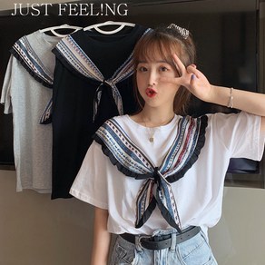 JUSTFEELING 스카프 배색 반팔티 리본 패치 루즈핏 여름옷 데일리 학생 티셔츠