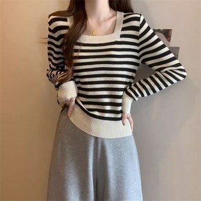 besteffie 여성 가을 티셔츠 스퀘어넥 긴팔 심플 디자인 캐주얼 스타일 패치워크 디자인 스트라이프 니트 골지 슬림핏 베이직 K58