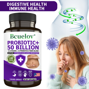 PROBIOTIC+ 500억 - 위산과 담즙에 활성을 갖는 프리바이오틱 섬유질을 함유하고 장 건강 대장 해독 피부 건강 면역 건강을 지원하고 소화를 촉진합니다., 1개, 60정