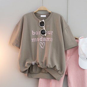 달콩 봉주자수레터링반팔맨투맨 여성용 빅사이즈 오버핏 롱티 라운드 반팔 맨투맨 데일리룩 체형커버 루즈핏 박스티