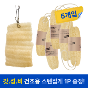 스탠다드145 천연 수세미 + 스텐 건조 집게 자연한조각 잘라쓰는 친환경 제로웨이스트 수세미, 1세트, 5개입