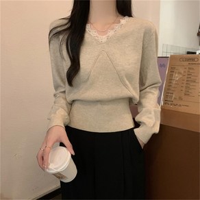 besteffie 여성용 브이넥 레이스 입체장식 슬림핏 니트 스웨터 가을 겨울신상 상의 여성스러운 무지 니트 K18