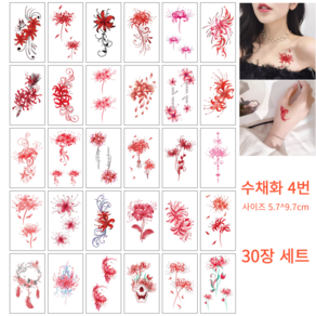 30장 세트 미니 반영구 플라워 나비 타투스티커 헤나타투 미니 타투스티커 문신 컬러타투 수채화타투, 1개, 수채화 4번