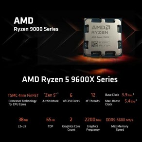 AMD Ryzen 5 9600X R5 5.4GHz 6 코어 12 스레드 데스크탑 CPU 프로세서 4NM 38M 100 000001405 소켓 AM5, 한개옵션2, 한개옵션0, 한개옵션1