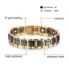 게르마늄 건강 팔찌 Vintely 스틸 마그네틱 남성 블랙 세라믹 에너지 핸드 체인 골드 컬러 홀로그램 남성-102, 1개