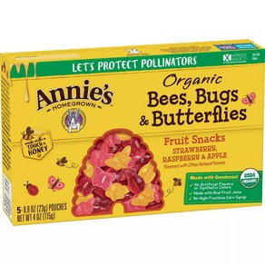 [미국 직배송]애니스 오가닉 비 버그 & 버터플라이 과일 젤리 5팩x23g Annie's Oganic Bees Bugs & Butteflies Fuit Snacks, 115g, 5개