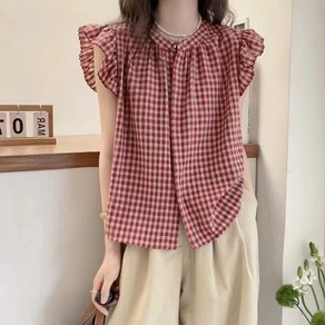 루스리더 여성 라운드 캐주얼 체크무늬 블라우스 E1320