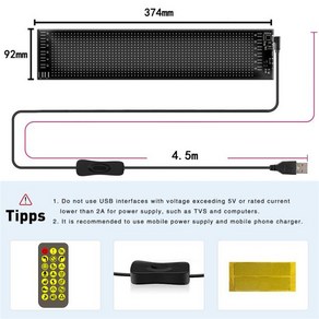 블루투스 호환 앱 제어 LED 자동차 사인 프로그래밍 가능 USB 5V LED 매트릭스 패널 사용자 정의 텍스트, 1개, 01 92x374mm