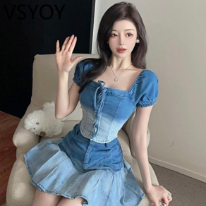 vsyoy 그라디언트 데님 짧은 짧은 소매 스커트 여름 새로운 빈티지 뜨거운 소녀 세트