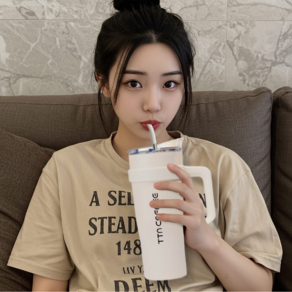 [완벽한 보온보냉 밀폐까지] 6tyone 대용량 손잡이 보온병 텀블러 아이보리, 1개, 1250ml