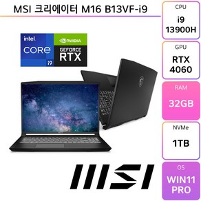 MSI 크리에이터 M16 B13VF-i9, WIN11 Po, 32GB, 1TB, 블랙