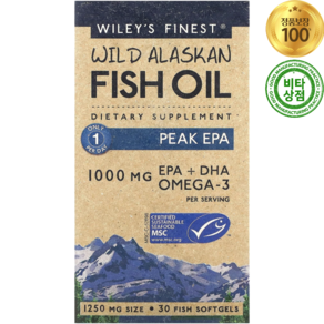 윌리스파이니스트 와일드 알레스칸 피쉬 오일 오메가 3 피크 EPA + DHA 1250mg 30정 소프트젤 Wild Alaskan Fish Oil Peak, 1개