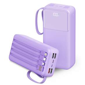 아우스힐 LCD잔량표시 QC 3.0 PD 22.5W 초고속충전 4개 케이블 멀티단자 대용량 보조배터리 30000mAh, 퍼플