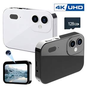 EMITAIM 다기능 스마트 4K 미니 디지털 카메라 앞뒤면렌즈 6400W픽셀 16x 디지털 줌 AF 자동 초점 터치스크린 휴대용 캠코더 액션캠+128G메모리카드+케이스, 블랙(Black), HDC755Pro