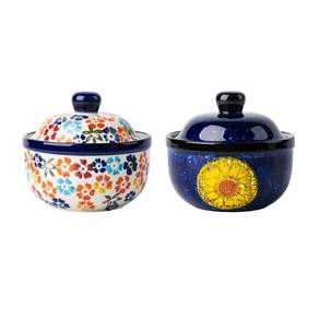 BLOWFISHFUGU 폴란드 국그릇 도자기 계란찜 그릇 계란찜그릇 합사발 디저트볼 330ML, 1세트, 화이트B+블루